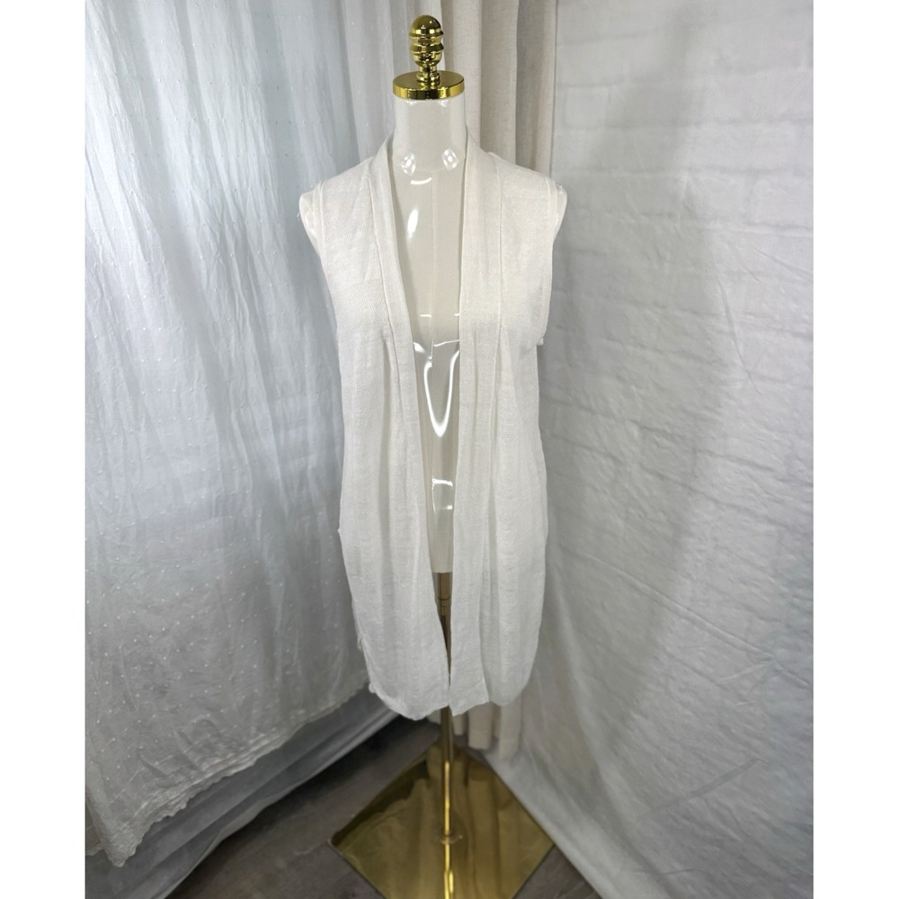 Cynthia Rowley Open Long Cardigan Vest Womens Medium White 100% Linen Sleeveless